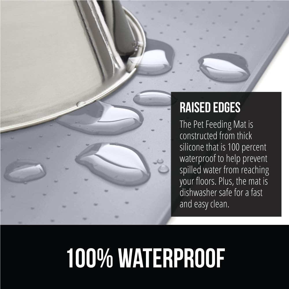 GORILLA GRIP 100% Waterproof Raised Edge BPA Free Silicone Pet Feeding Mat, Dog Cat Food Mats Contain Spills Protects Floors, Placemats for Cats, Dogs Water Bowl, Pets Accessories 32x24 Light Gray
