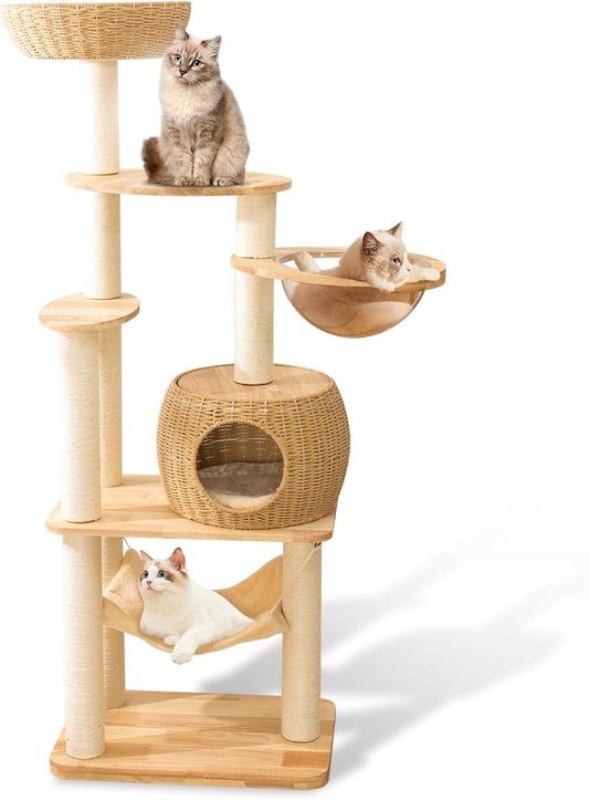 59" Big Modern Cat Tree Tower, Cat Tower Sisal-Covered Scratching Posts for Indoor Cats, Oak Wood Cat Tree for Large Cats, Multi-Level Cat Condo with Space Capsule Nest, Cat Furniture Activity Centre