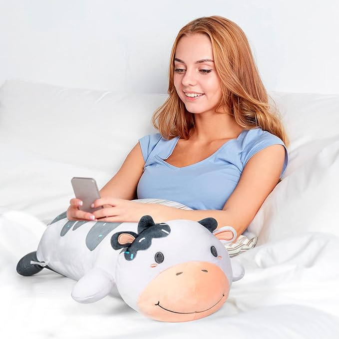 Cow Plush Body Pillow, 25" Kawaii Milk Cow Stuffed Animals Squishy Cute Long Plushies Cuddle Pillow for Kids, Birthday Gifts for Women, Girls and Males