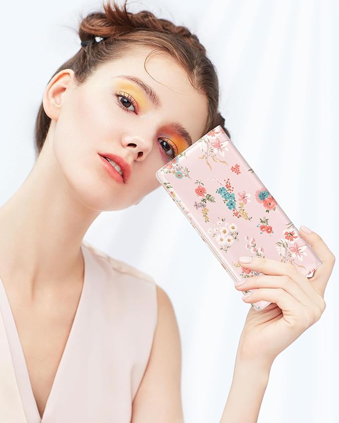 Nipichsha Womens Wallet, RFID Slim Wallets for Women, Thin Ladies Credit Card Holder Purse, Cute Leather Bifold Clutch Billfold with 11 Card Slots & ID Window, Pink Flowers