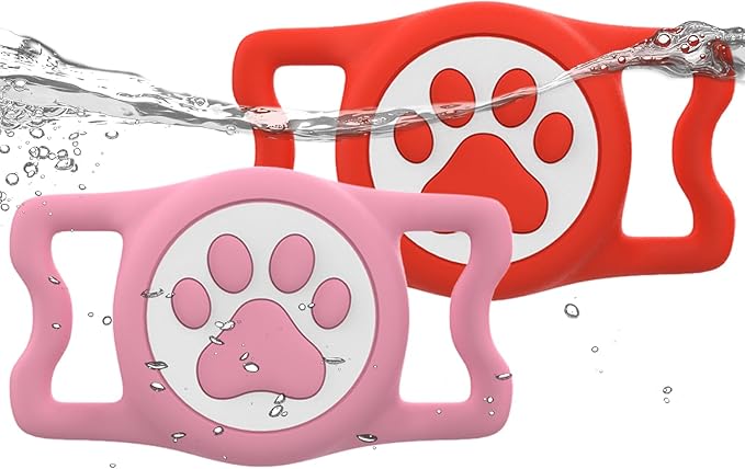 IP68 Waterpoof Dog Airtag Holder, Stretchy Silicone Full Body Covered Apple Air Tag Holder for Dog Cat Collar Fit All Width Collar (Pink/Red, 2 Pack)