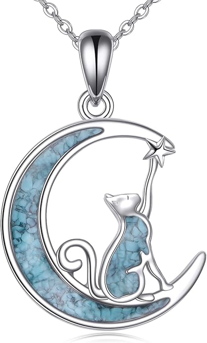 Turquoise Animal Necklace 925 Sterling Silver Cat/Fox/Owl Moon Pendant Jewelry Gift for Women