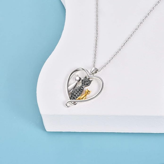 MONGAS Cat Necklace Sterling Silver Sister Pendant Necklace Black Cats Jewelry Gifts Cat Lover Woman Sisters