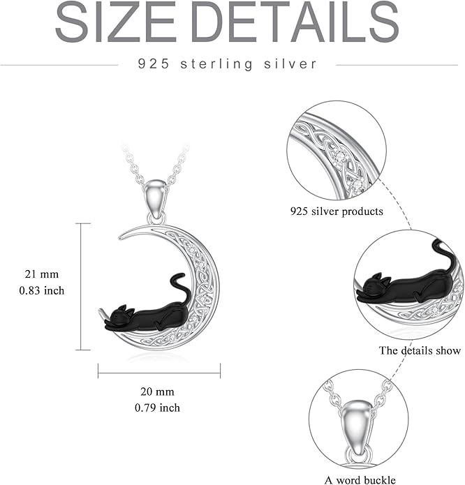 Diamond Black Cat Necklace for Women 925 Sterling Silver Cat on Moon Necklace Pendant Black Cat Jewelry Gifts for Women Mom Wife Girlfriend Daughter Girls