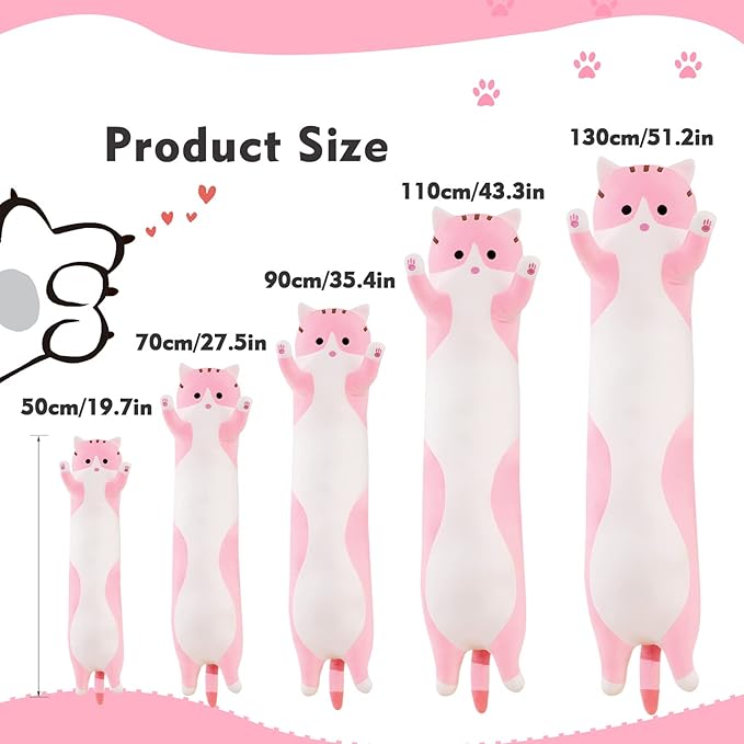 Long Cat Plush Pillow, 51.1in Cute Pink Cat Plushie Stuffed Animals Body Pillow, Kawaii Kitten Soft Plushie Doll Toy Birthday Gift for Kids Girlfriend