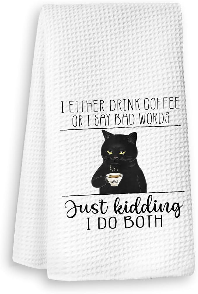 Coffee Kitchen Hand Towels - Black Cat Dish Towels, Bar Accessories Decor, Housewarming Gift for Cat Lovers, 'I Either Drink Coffee or I Say Bad Words' 16x24