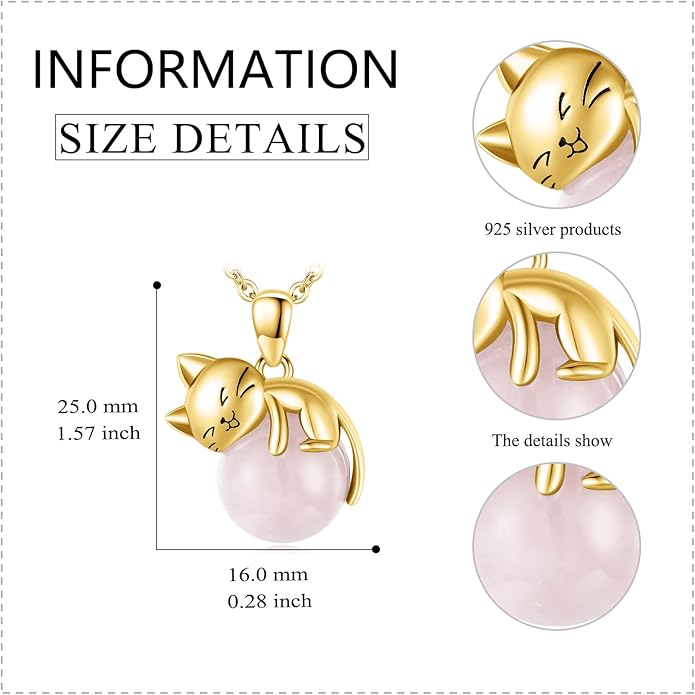 Cat Necklace Sterling Silver Cat Pendnat with Rose Quartz Pearl Jewelry Gifts for Women Cat Lovers