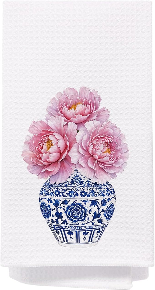 SPBL&L Chinoiserie Decor Kitchen Towels, Blue and White Chinoiserie Vase Pink Peonies Floral Dish Towels for Kitchen, Blue and White Hand Towels for Bathroom, Grandmillenial Decor, 16x24 Inches