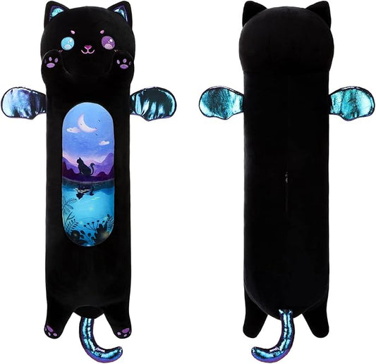 AIXINI Long Cat Plush Pillow Cartoon Cute Black Cat Stuffed Animals, Soft Kawaii Kitten Plushies Pillow Toy for Kids (Moonlight Black,19.7inch)