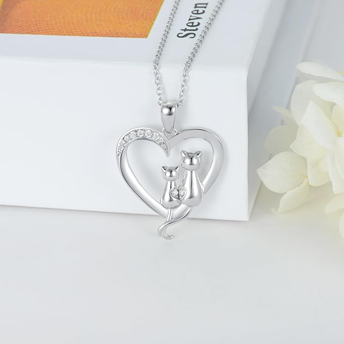 Diamond Cat Necklace for Women 925 Sterling Silver Heart Necklace Cute Cat Necklace Animal Diamond Jewelry Gifts for women Wife Girlfriend (0.065 ct t.w)