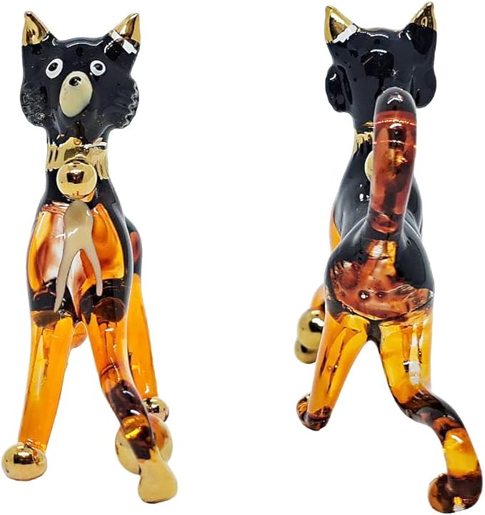 Tiny 2⅞" Black Brown Standing Play Ball Cat Figurine Miniature Hand Blown Painted Glass Cats Kitten Feline Animals Cute Crystal Decorative Collectible Figurines Décor Gifts