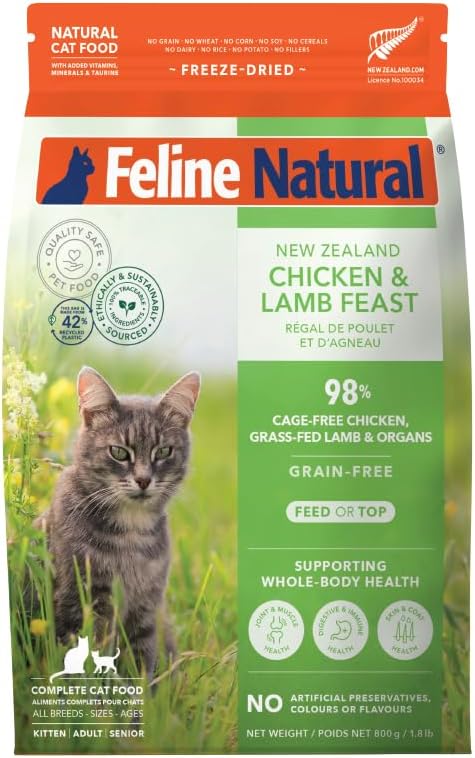 Feline Natural High Protein Dry Cat Food, Freeze-Dried Diet with 98% Meat, Organs & Seafood, No Peas, Grains, or Artificial Additives, Made in New Zealand, Chicken & Lamb, 1.8lb