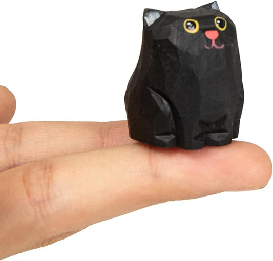 Cute Small Wood Black Cat Figurine, Handmade Carved Statue Home Decor, Unique Figure Collectibles Gift for Cat Lovers