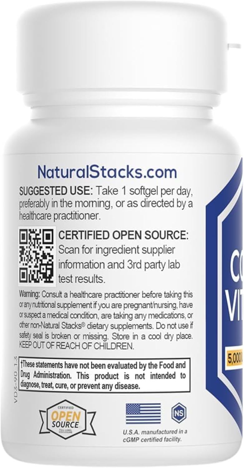 NATURAL STACKS Vitamin D 5000 IU Supplement - with Coconut Oil for Optimal Absorption - Vitamin D Pills for Immunity & Cell Growth - D3 125mcg Cholecalciferol Supplement - 30 D3 Servings