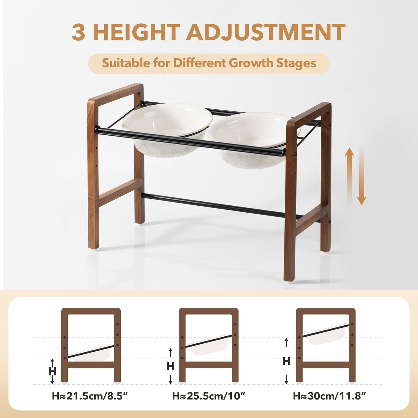 8.7inch Ceramic Adjustable Raised Double Bowls Set with Stand, 3 Heights Elevated, 2 Placement Options, Food and Water Dishes for Large Dog(Double Bowls+Stand, Reactived Glaze -White)