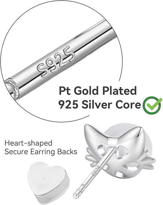 PANSTAR Hypoallergenic 925 Sterling Silver Pearl Cat Earrings for Women - Cute Dainty Cat Stud Earrings, Valentine’s & Mother’s Day Gift with Box
