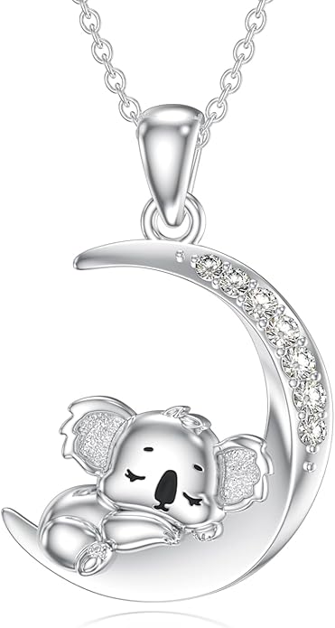 Diamond Black Cat/Red Panda/Sloth/Deer/Unicorn Necklace for Women 925 Sterling Silver Sleeping Animal and Moon Pendant with Lab Grown Diamonds Jewelry Gifts