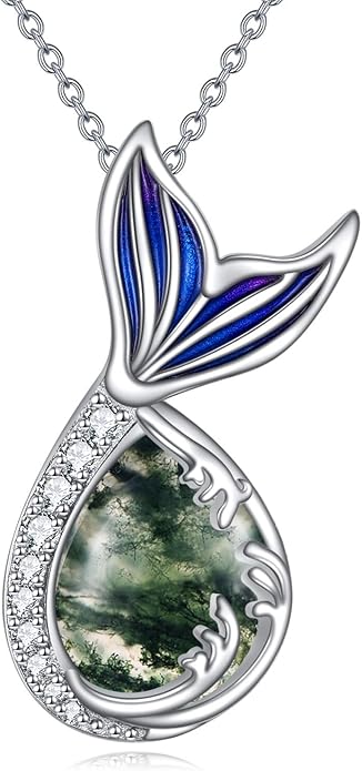 Teardrop Moss Agate/Turquoise/Moonstone/Larimar Mermaid/Fox/Cat Necklace Sterling Silver Pendant Necklace Jewelry Gifts for Women
