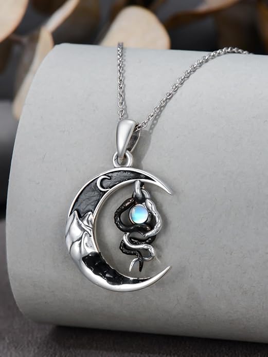 Gothic Jewelry Bat/Cat/Wolf/Dragon/Owl/Fox/Spider/Sun Pendant Sterling Silver Crescent Moon Necklace for Women Girls Black Jewelry Gifts