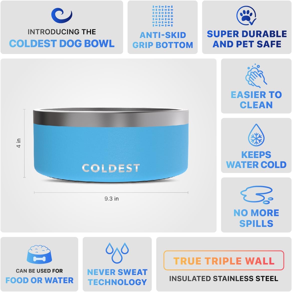 Coldest Dog Bowl - Anti Rust Metal, Non Slip, 3 Layers Insulated Stainless Steel Dog Bowls - Spill Proof & Heavy Duty - Water Bowl for Dogs, Cats & Pets, Dish Washer Safe (100 oz, Celestial Blue)