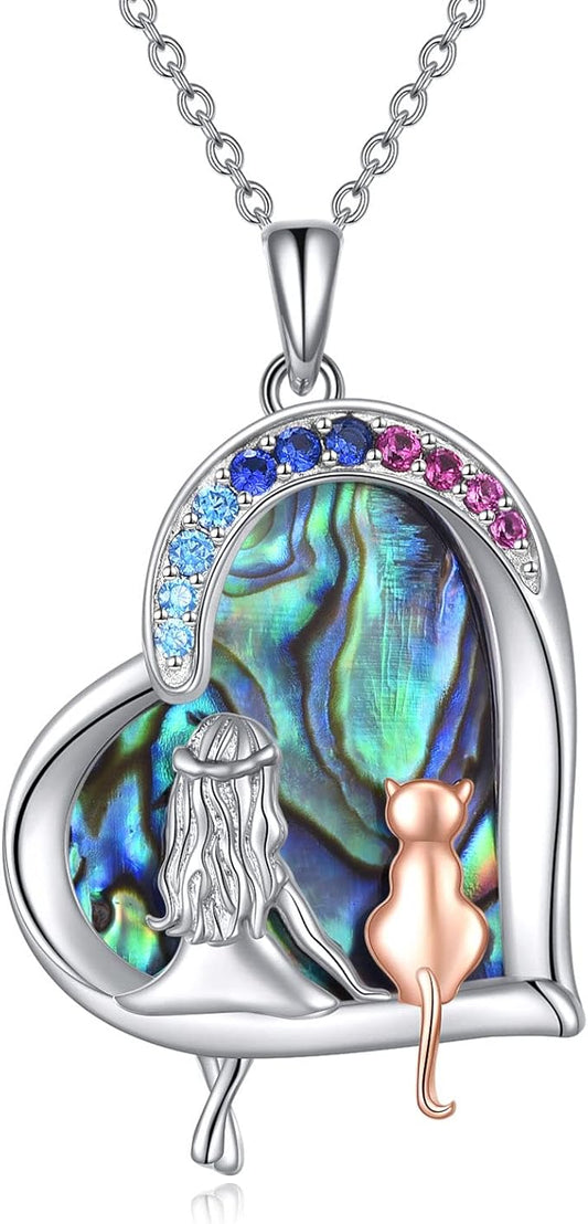 LUHE Cat Necklace Gifts 925 Sterling Silver Cat Heart Pendant Necklace Jewelry for Women Daughter