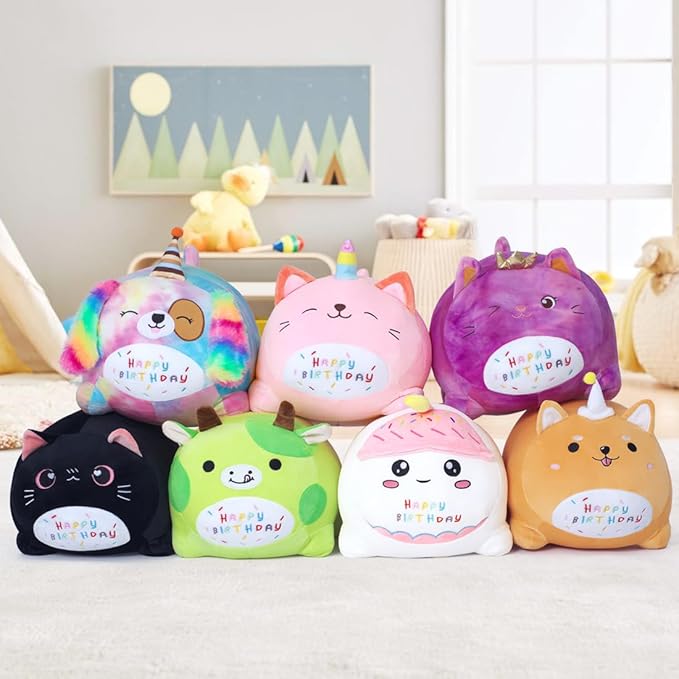 Birthday Cat Plush Pillow Stuffed Animal Toy, White Birthday Cat Plush Stuffed Animals, Soft Cat Plush Pillow for Kids(White Cat, 25cm/9.8inch)