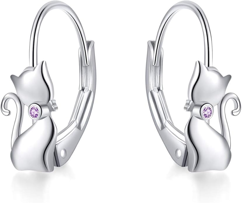 Cat Gifts Earrings Sterling Silver Cute Small Animal Cats Dangle Leverback Jewelry Gifts for women cat Lovers