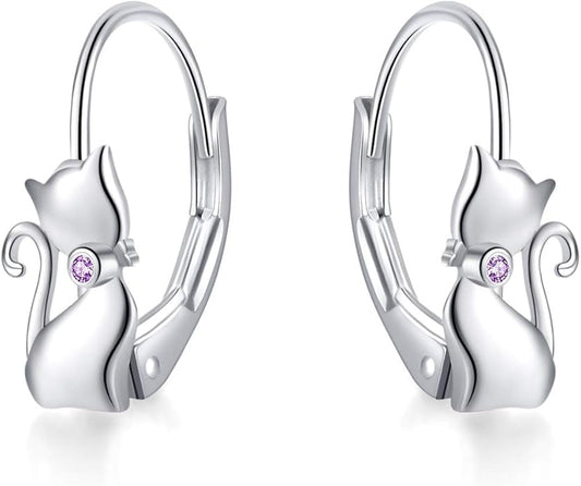 Cat Gifts Earrings Sterling Silver Cute Small Animal Cats Dangle Leverback Jewelry Gifts for women cat Lovers