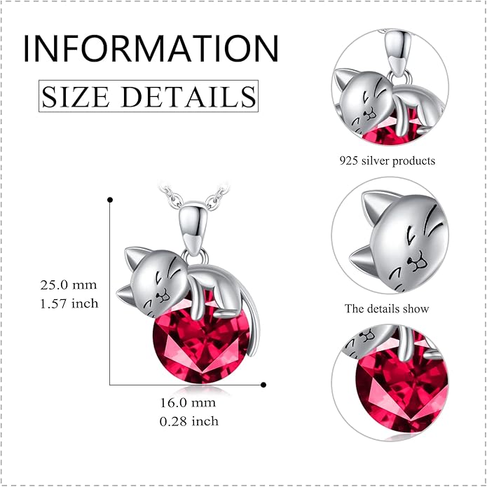 LONAGO Cat Necklace with Birthstone 925 Sterling Silver Cat Pendant Necklace Gift for Women