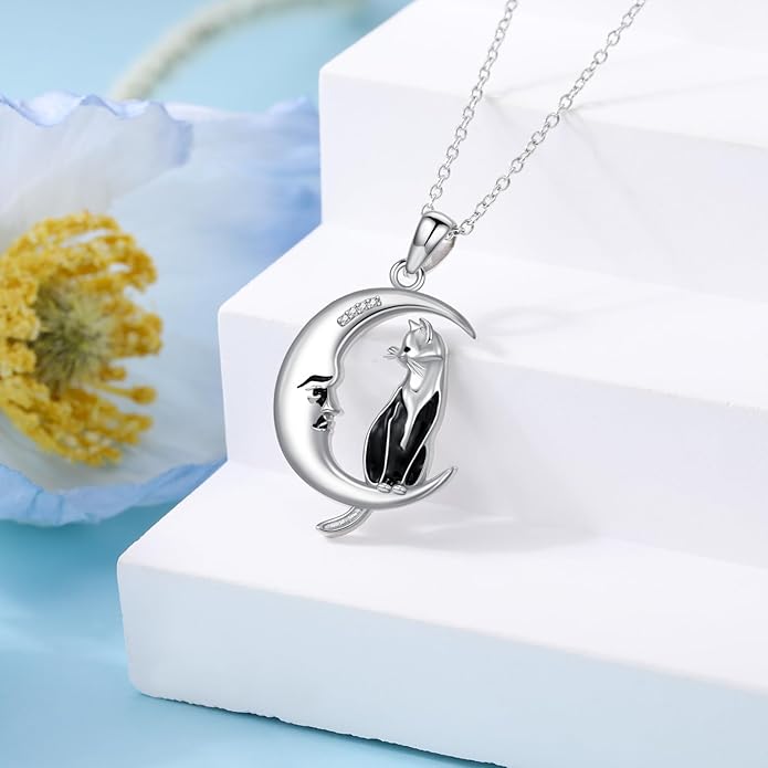 Diamond Black Cat Necklace for Women 925 Sterling Silver Cat on Moon Necklace Pendant Black Cat Jewelry Gifts for Women Mom Wife Girlfriend Daughter Girls