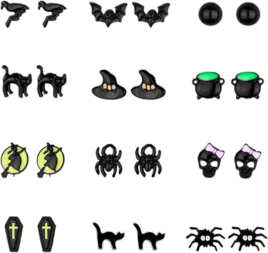 5-26Pairs Halloween Thanksgiving Fall Christmas Theme Earrings Set Holiday Earrings Halloween Stud Earrings Set Spider Pumpkin Ghost Bat Web Skull Drop Earring Holiday Jewelry Gifts