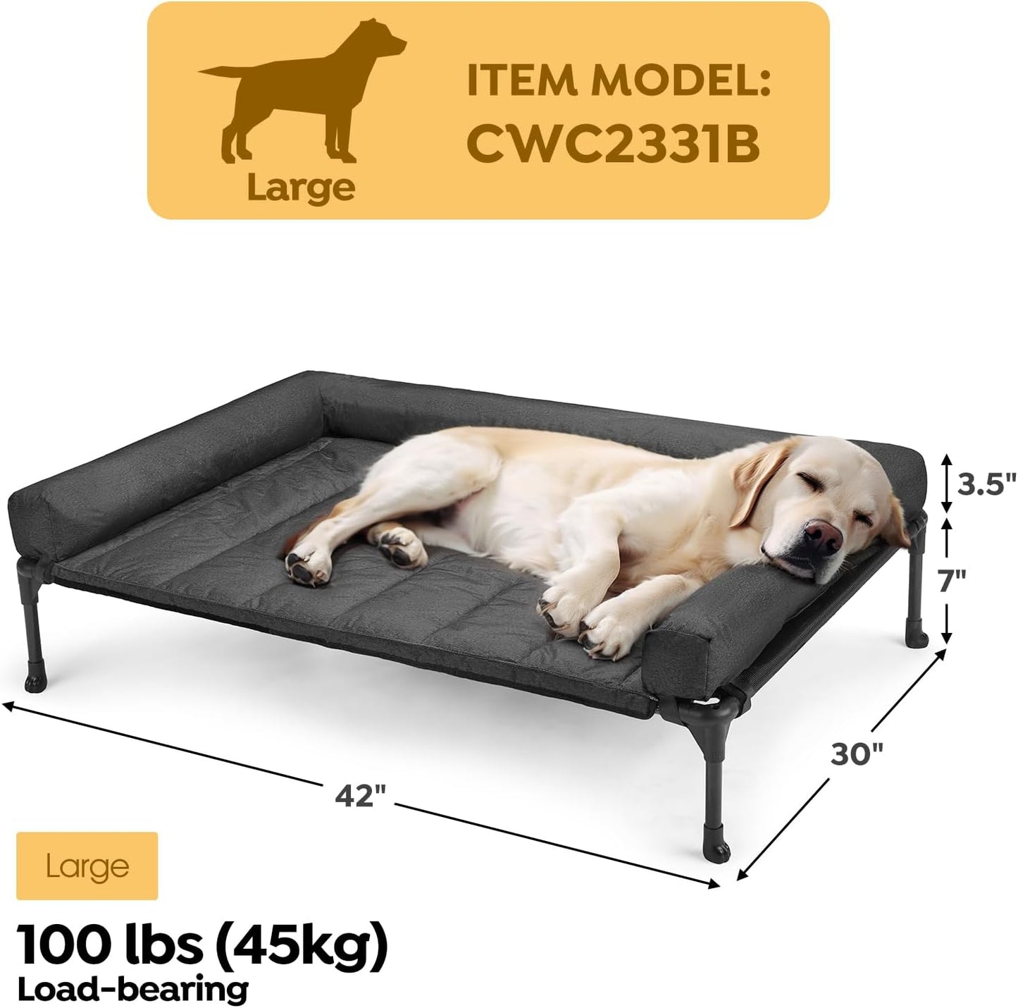 Veehoo Cooling Elevated Dog Bed Add Removable Waterproof Bolster Cushion Mat, Raised Pet Cot with Breathable Teslin Mesh, No-Slip Feet, Dog Couch Bed for Indoor Outdoor, 42x30inches, Black, CWC2331B