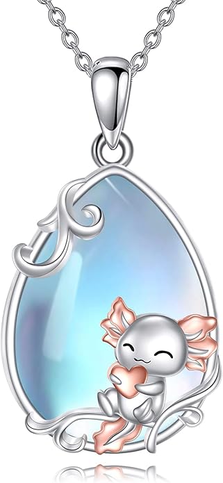 LUHE Moonstone Necklace 925 Sterling Silver Fox/Axolotl/Cat/Raccoon/Penguin/Frog/Panda/Highland Cow Pendant Necklace Animal Jewelry Gifts for Women