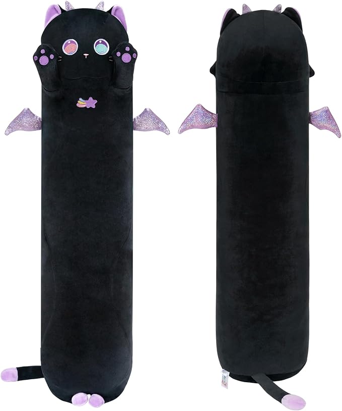 Long Cat Plush Body Pillow, 28” Cute Black Cat Stuffed Animals Soft Plushies, Kawaii Squishy Throw Pillow Doll Toy Gift for Kids Girls Boys