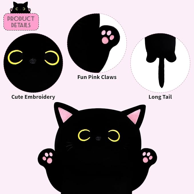 22.5" Long Cat Plush Pillow,Long Cat Stuffed Animal,Giant Hugging Pillow for Kids Adult,Black Kitten Plushie,Stuffed Kitted Plushie Doll Toys,Gift for Boys Girls Birthday Halloween Christmas