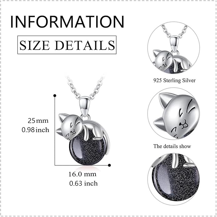 Natural Gemstone Cat Necklace for Women 925 Sterling Silver Cute Kitten Pendant with Genuine Turquoise/Rose Quartz/Amethyst/Larimar/Labradorite/Moss Agate/Blue Sandstone Jewelry Gifts