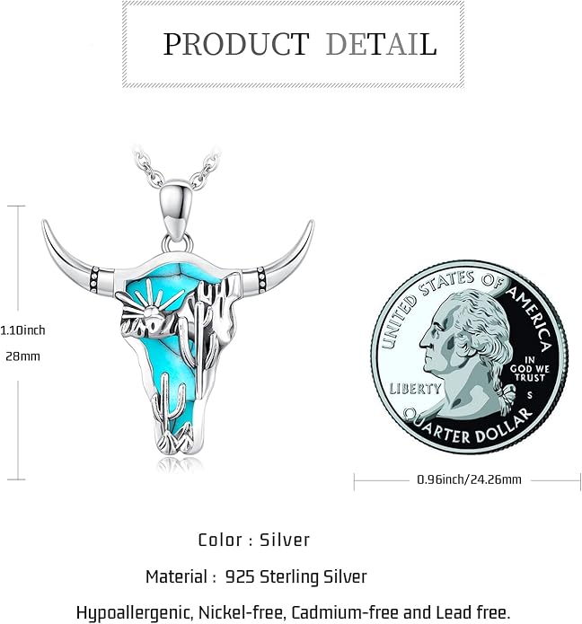 Midir&Etain Western Necklace 925 Sterling Silver Turquoise Pendant Cow Skull/Hat/Tag/Cactus Cowgirl Country Jewelry for Women Men