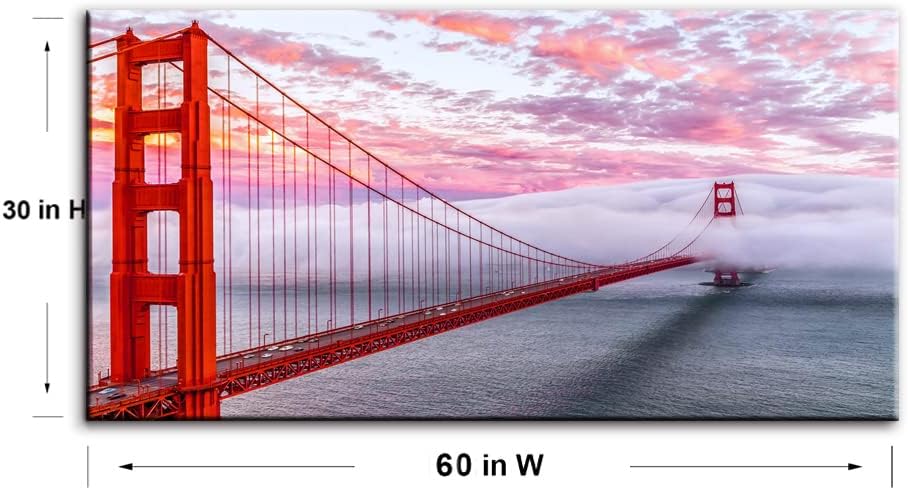 San Francisco Red Golden Gate Bridge At Dusk Canvas Wall Art For BedRoom,Modern Realism City Building Picture,Califonia Foggy Cityscape Painting Decor,Bracket Fixed Ready To Hang,Inner Frame (30x60)