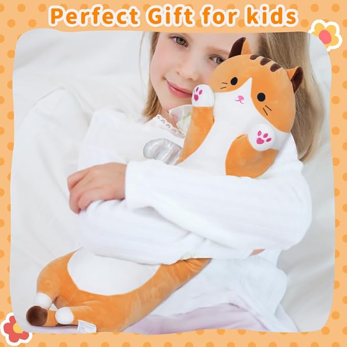 Long Cat Plush Body Pillow, Cute Cat Plush Toy Pillows with Wings, Stuffed Animals Kitten Soft Plushies Gifts for Kids Girls Girlfriend(Yellow, 43.3in/110cm)