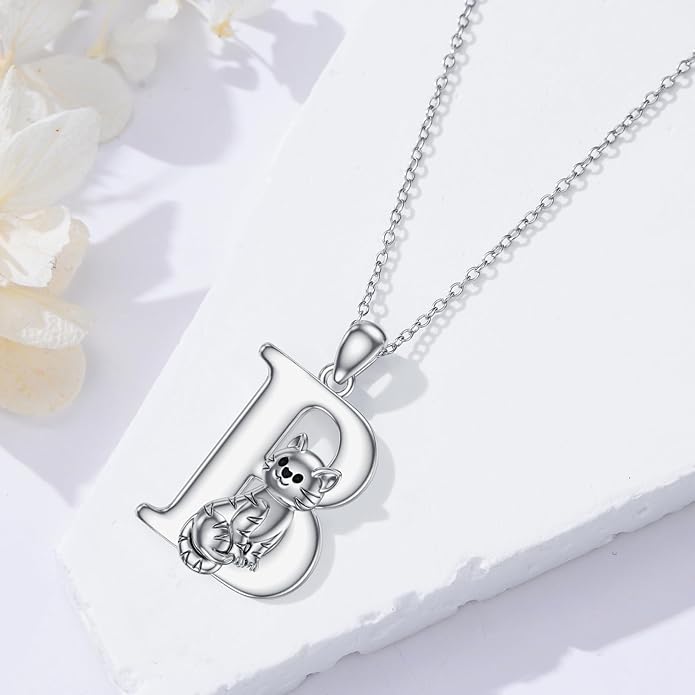 LONAGO Cat Initial Pendant Necklace Silver A to Z Letters Alphabet Necklace Gift for Women
