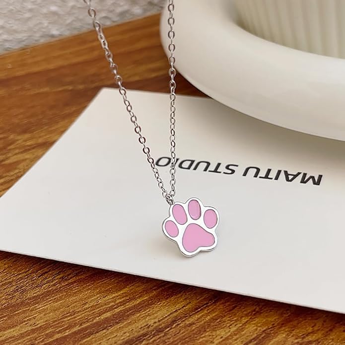 Cute Puppy Dog Paw Print Pendant Necklace 925 Sterling Silver Enameled Cat Kitten Animal Pet Adjustable Necklaces Dainty Birthday Christmas Jewelry Gifts for Women 18" Chain