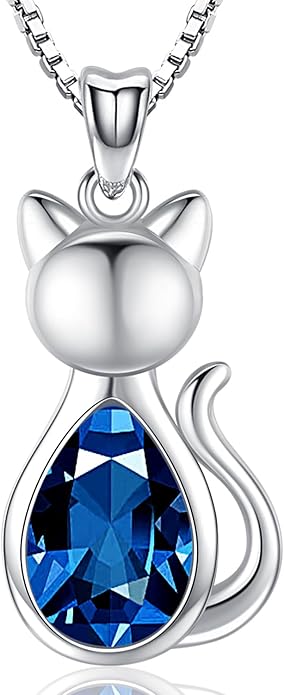 Odinstone Cat Birthstone Necklaces Jewelry Sterling Silver Cat Pendant Necklace Gift for Women Gifts, 18'' Silver Box Chain Women's Birthstone Crystal Cat Jewelry Gifts