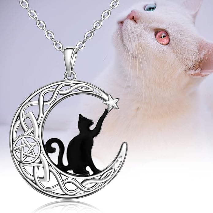 Fenthring Black Cat Necklace Sterling Silver Crescent Moon Celtic Knot Cat Necklaces for Women Cute Animal Infinity Pentacle Cats Halloween Christmas Holiday Jewelry