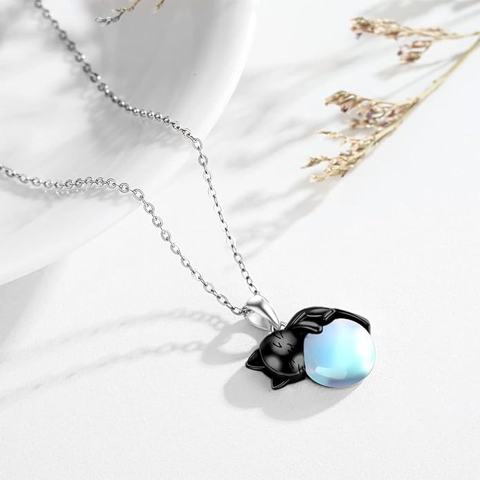 Cat Necklace Sterling Silver Cat Pendnat with Rose Quartz Pearl Jewelry Gifts for Women Cat Lovers