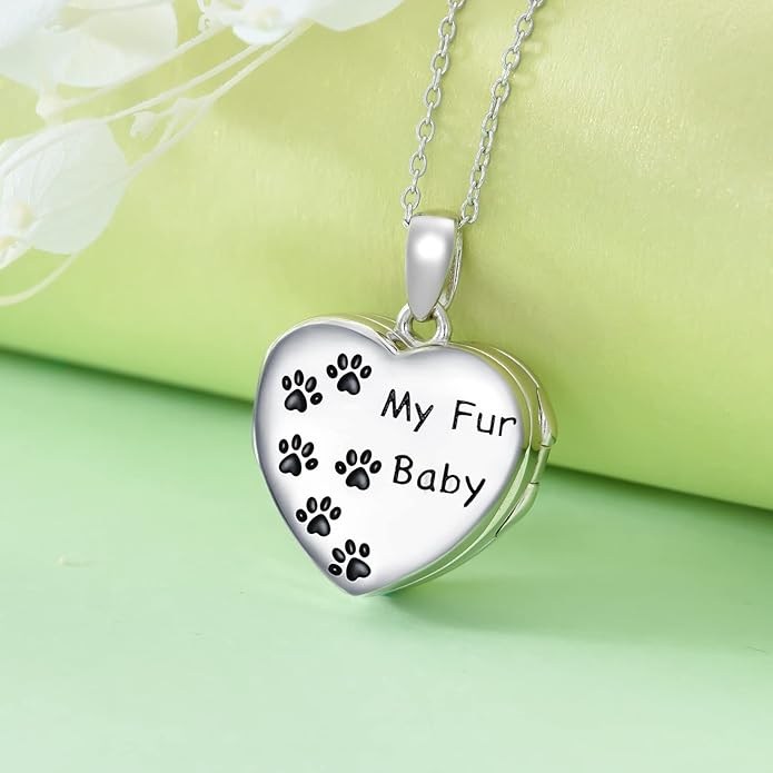 Personalized Paw Print Heart Locket Necklace 925 Sterling Silver That Holds Pictures Puppy Dog Cat Pet Pendant Jewelry for Women