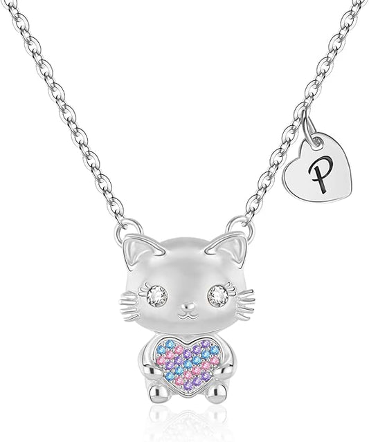 Gifts for Girls Necklace, Cat Heart Pendant Necklace for Jewelry Initial Necklace for Girl Birthday Christmas Gifts