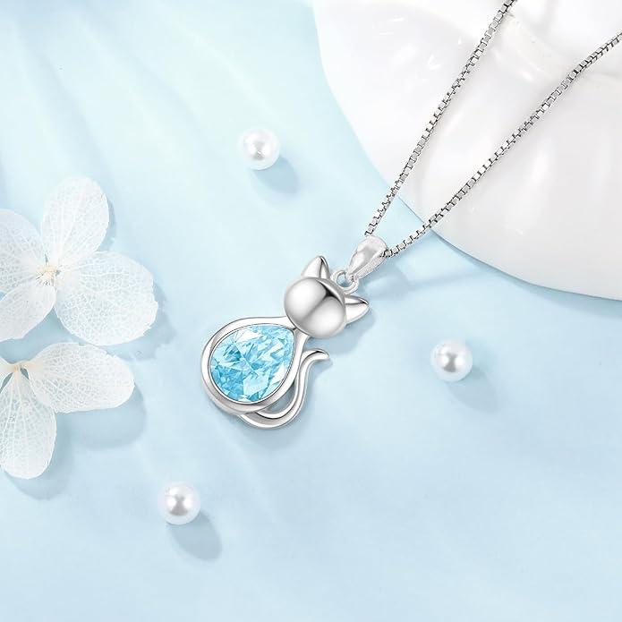 Odinstone Cat Birthstone Necklaces Jewelry Sterling Silver Cat Pendant Necklace Gift for Women Gifts, 18'' Silver Box Chain Women's Birthstone Crystal Cat Jewelry Gifts
