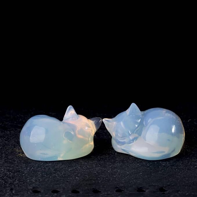 OwMell Tiny Sleeping Cat Statue Hand-Carved Healing Stone Gemstone Little Kitten Statue Figurine 2" - Opal Small