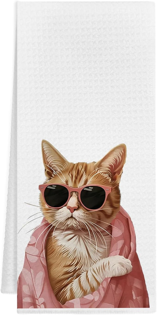 Trendy Tabby Cat Kitchen Towels, Orange Cat Lovers Mom Lady Gifts Decorative Dish Tea Towels for Kitchen, Cute Kitten Kitty Hand Towels for Bathroom, 16x24 Inch