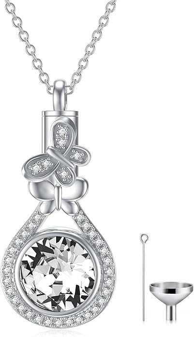 AOBOCO Butterfly Urn Necklace for Ashes 925 Sterling Silver Butterfly Cremation Jewelry Memorial Keepsake Pendant with 12 Months Birthstone Crystal from Austria
